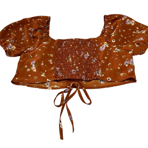 Sanctuary NWT Brown Small Floral Crop Top, Puff Sleeves - Picture 2 of 15